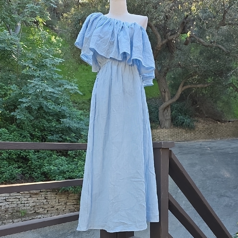 NEW RHODE JOY ONE-SHOULDER RUFFLE BLEACH BLUE COTTON DRESS SIZE S